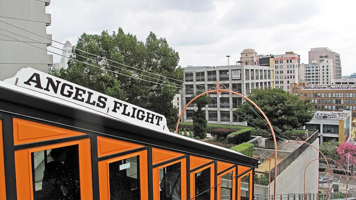 Orange Angels Flight railway car and station sign in Downtown Los Angeles