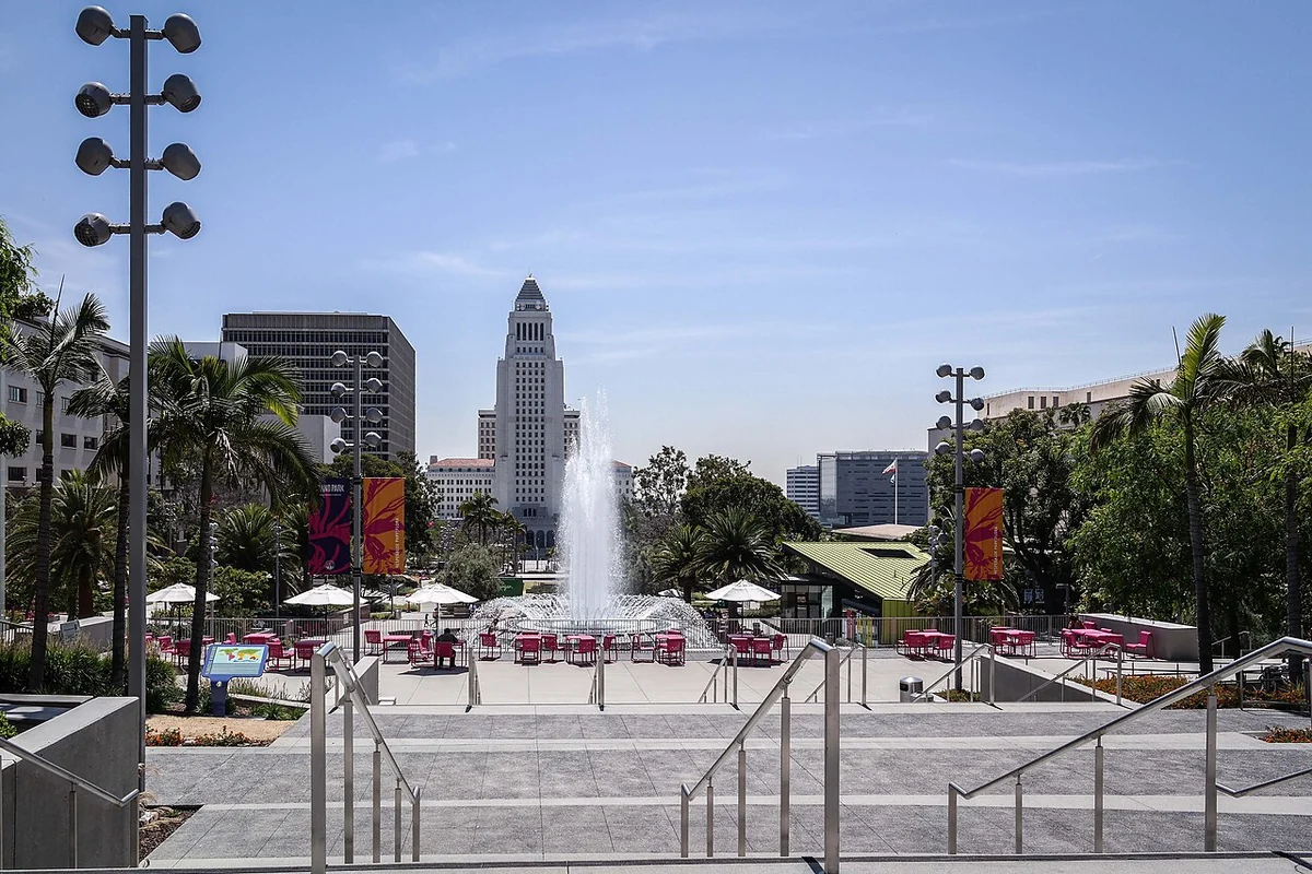 Grand Park fountain and pedestrian plaza with Los Angeles City Hall in the background