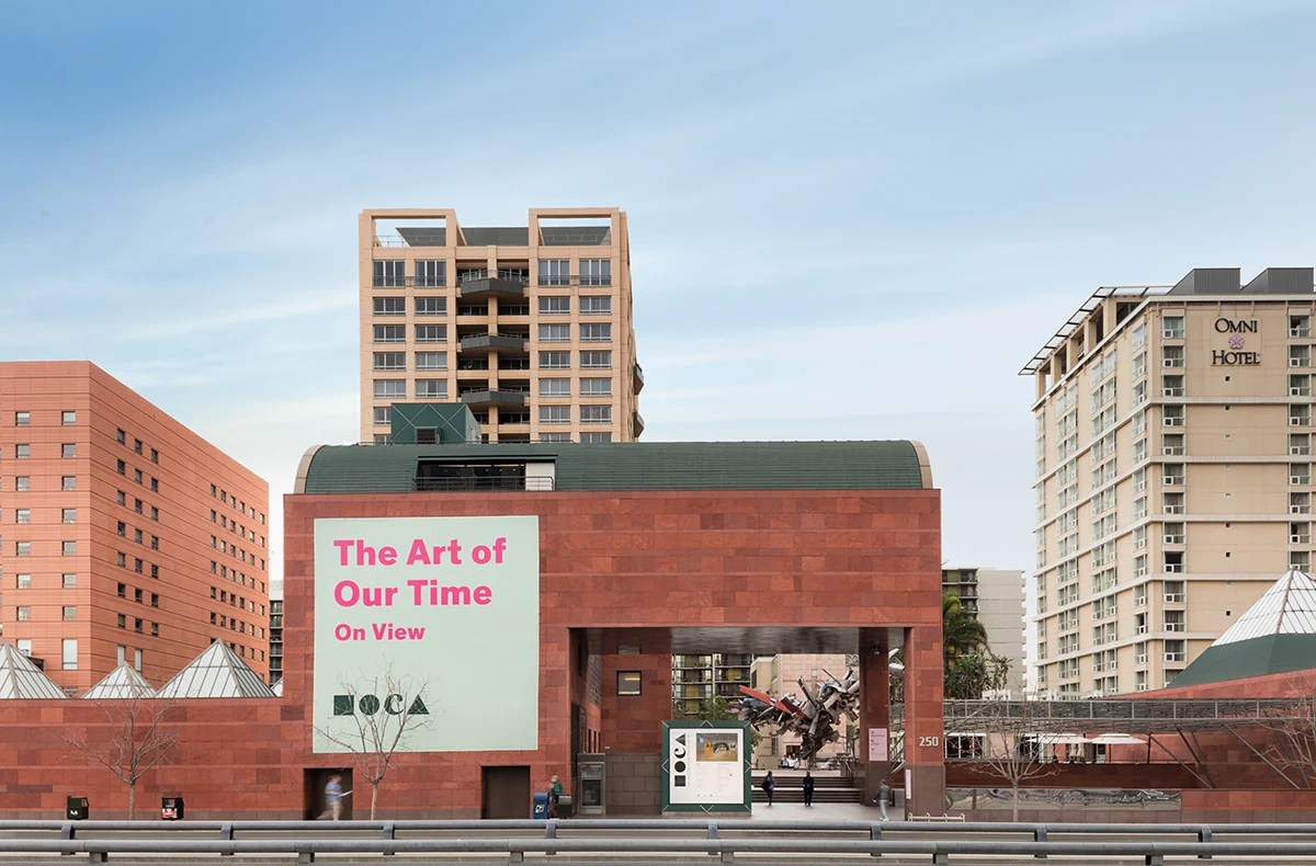 Red sandstone entrance of MOCA Grand Avenue in Los Angeles