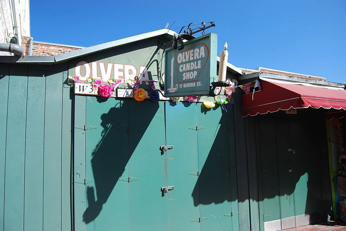 Colorful storefront and signs on Olvera Street in Los Angeles