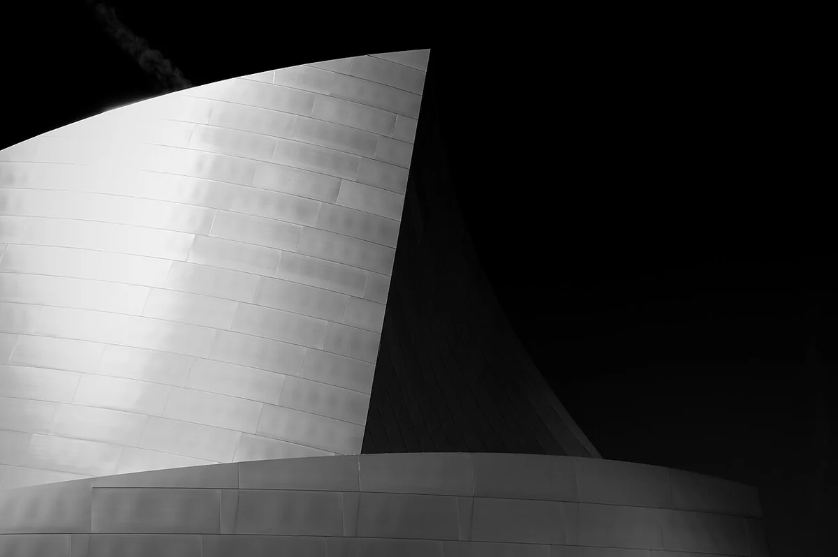 Black-and-white photograph of the curved exterior of Walt Disney Concert Hall